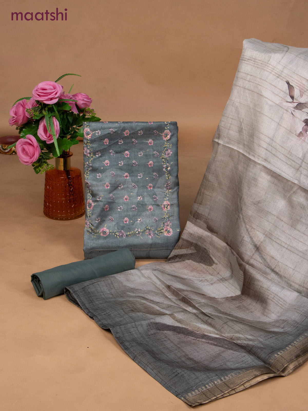 Muslin dress material greyish blue with sequin & beaded work neck pattern and bottom & dupatta