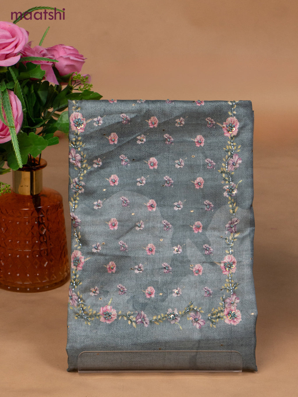Muslin dress material greyish blue with sequin & beaded work neck pattern and bottom & dupatta