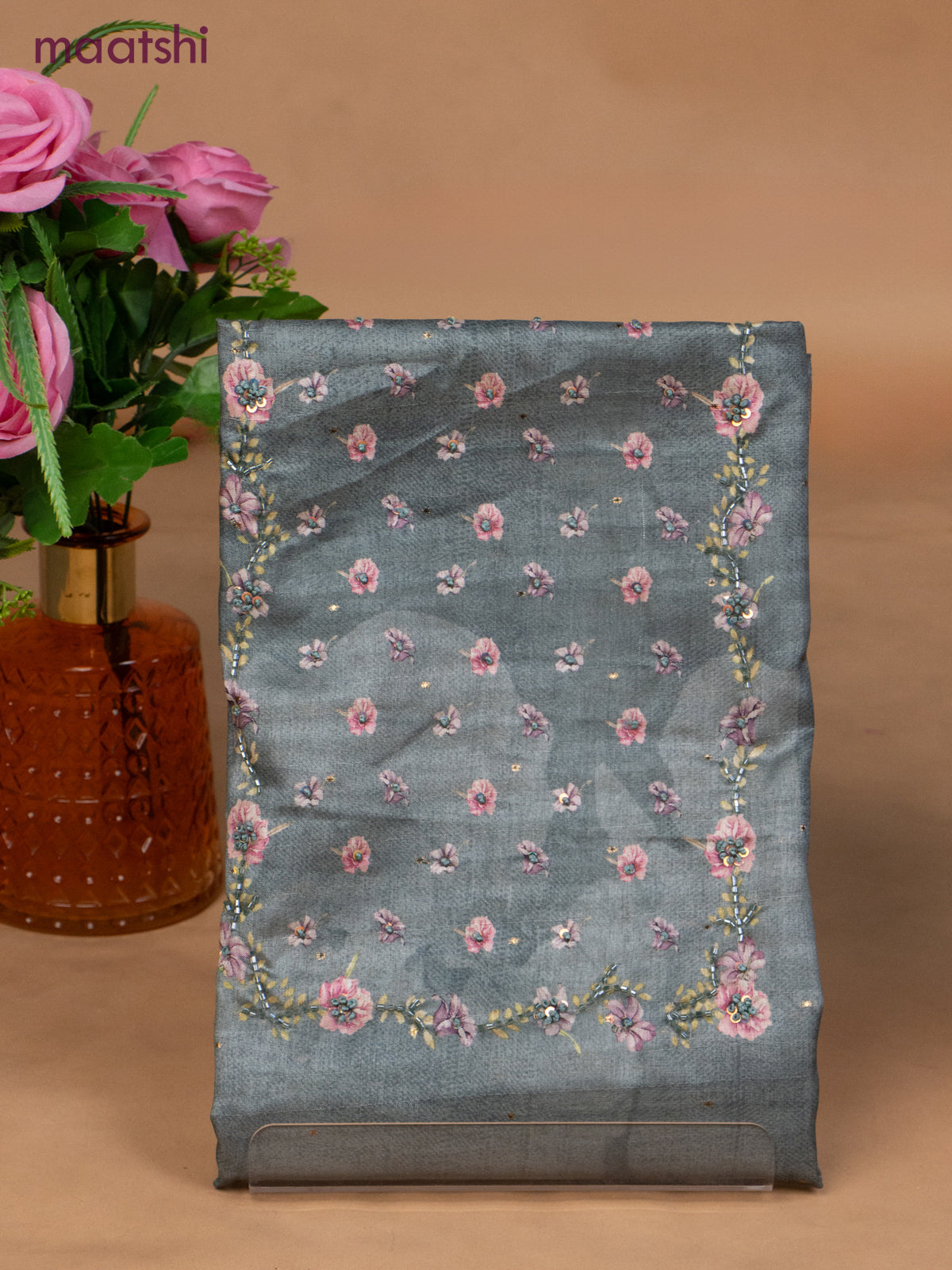 Muslin dress material greyish blue with sequin & beaded work neck pattern and bottom & dupatta