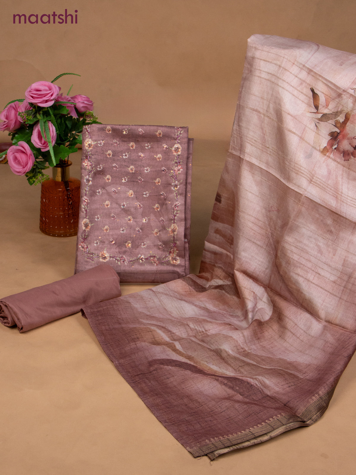 Muslin dress material peach shade with sequin & beaded work neck pattern and bottom & dupatta