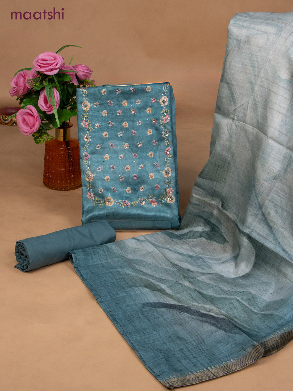 Muslin dress material teal blue and pastel blue with sequin & beaded work neck pattern and bottom & dupatta