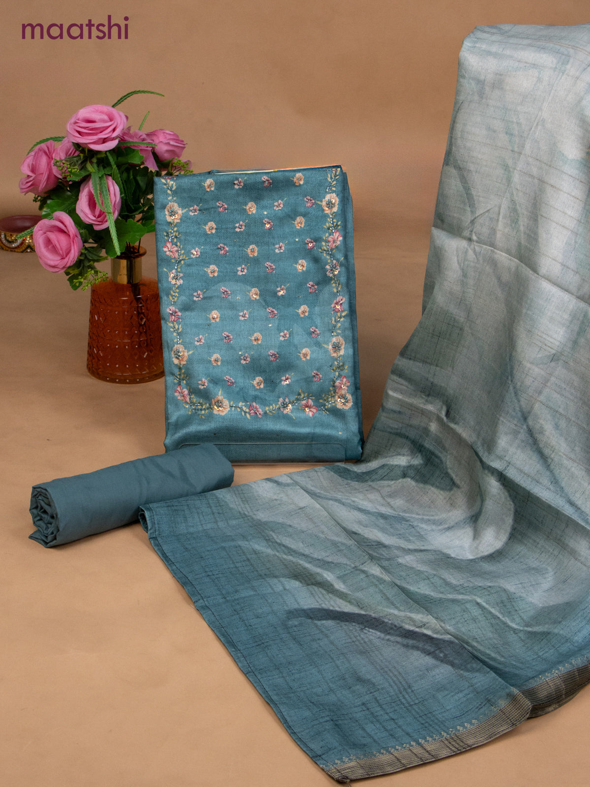 Muslin dress material teal blue and pastel blue with sequin & beaded work neck pattern and bottom & dupatta