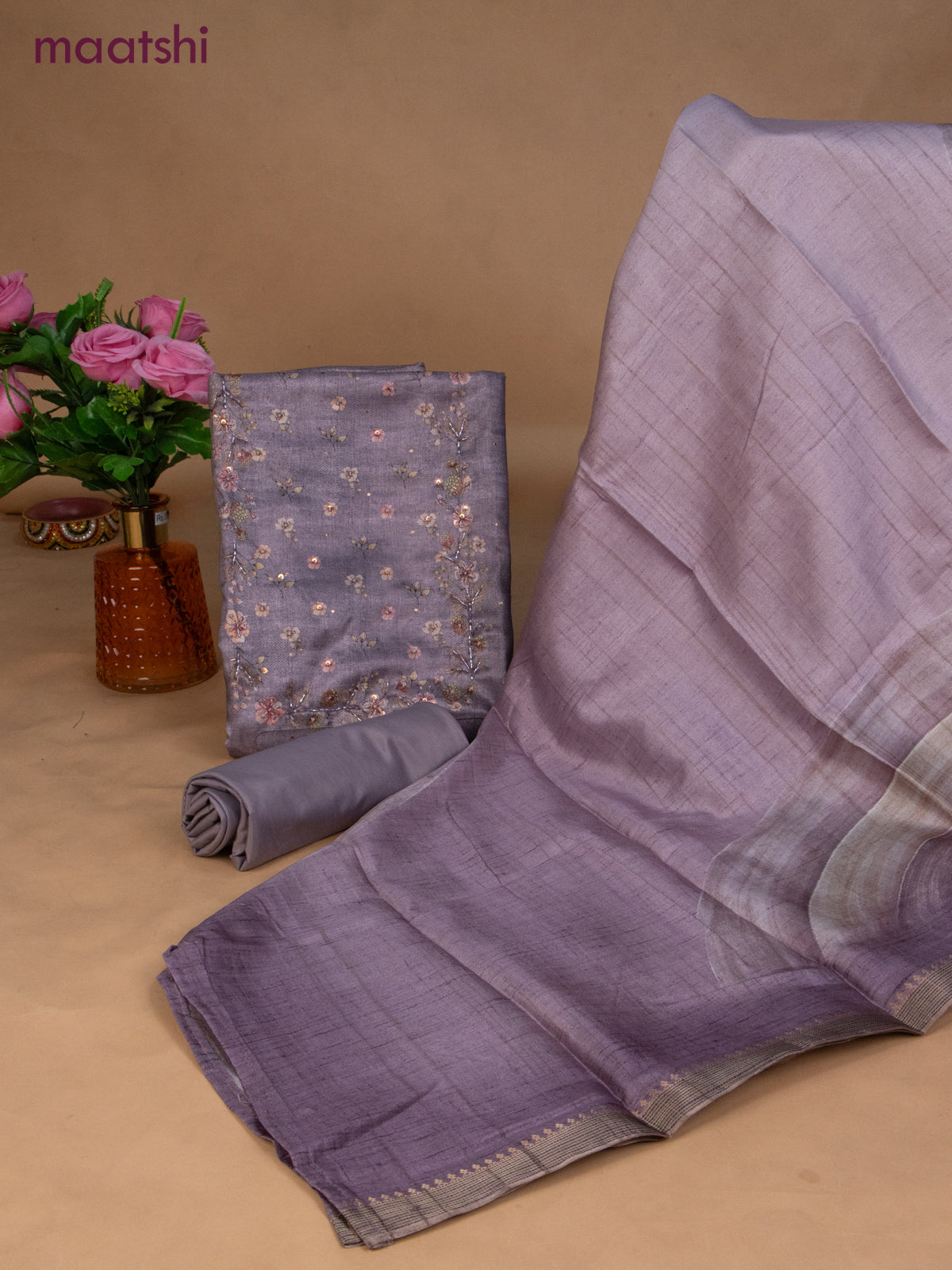 Muslin dress material pastel purple with sequin & beaded work neck pattern and bottom & dupatta