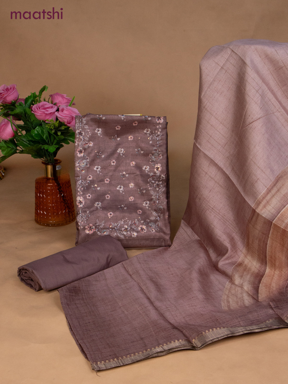 Muslin dress material brown shade with sequin & beaded work neck pattern and bottom & dupatta