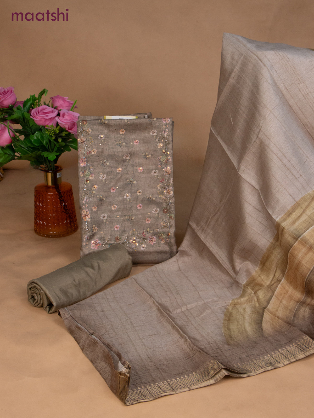Muslin dress material beige with sequin & beaded work neck pattern and bottom & dupatta