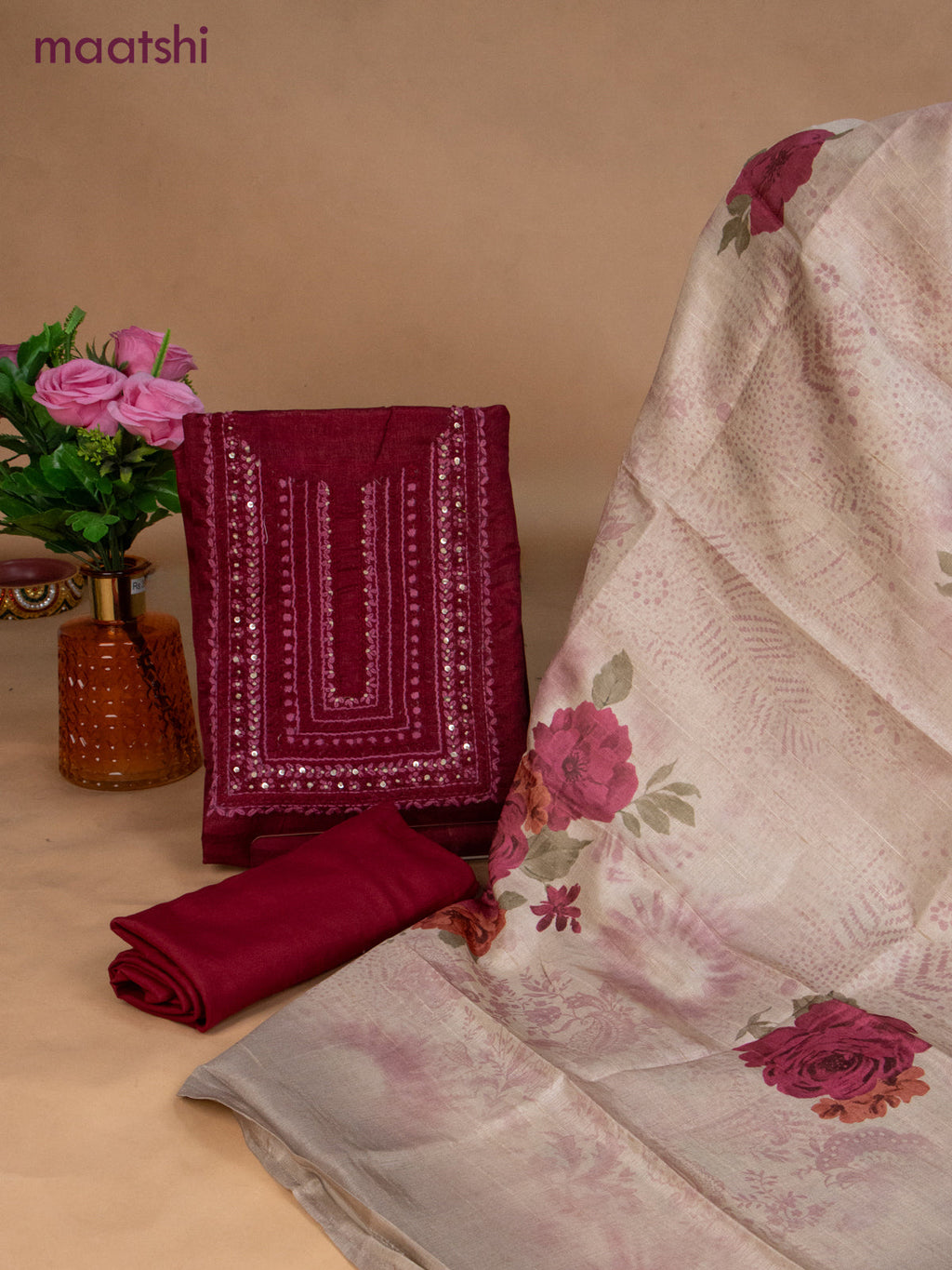 Semi tussar dress material maroon and beige with sequin & embroidery work neck pattern and bottom & dupatta