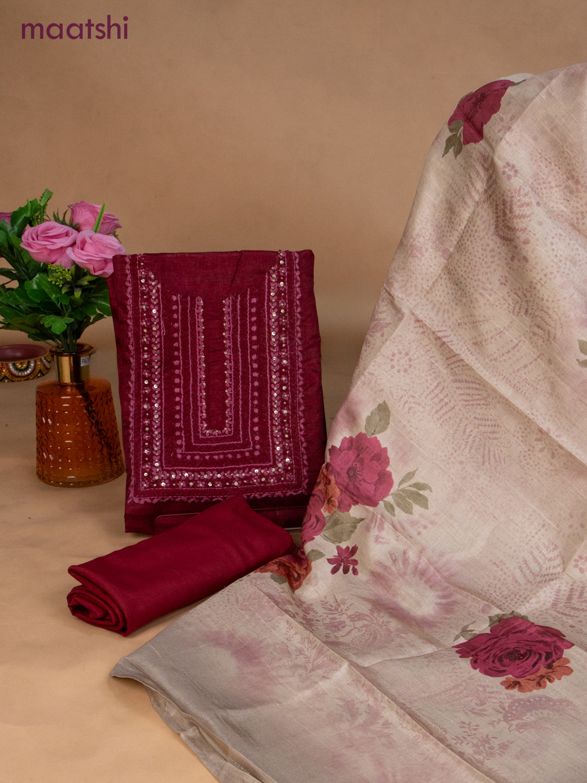 Semi tussar dress material maroon and beige with sequin & embroidery work neck pattern and bottom & dupatta