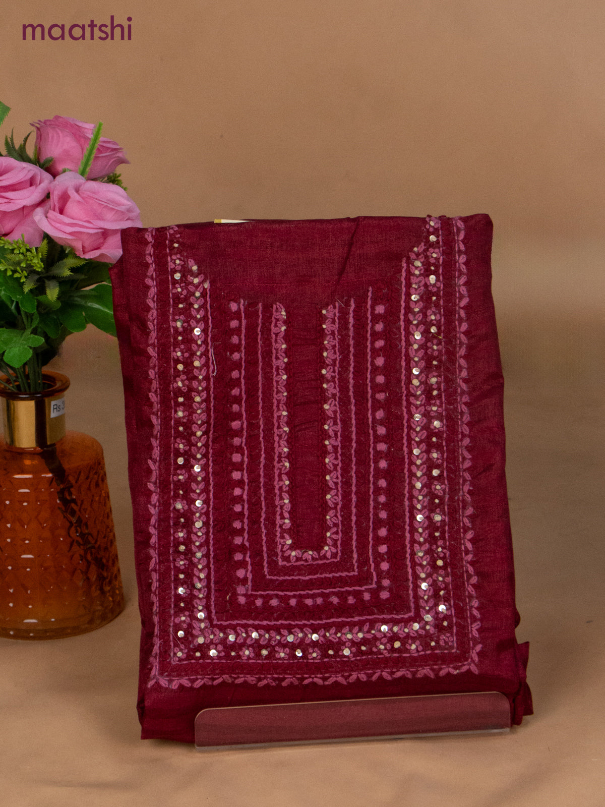 Semi tussar dress material maroon and beige with sequin & embroidery work neck pattern and bottom & dupatta