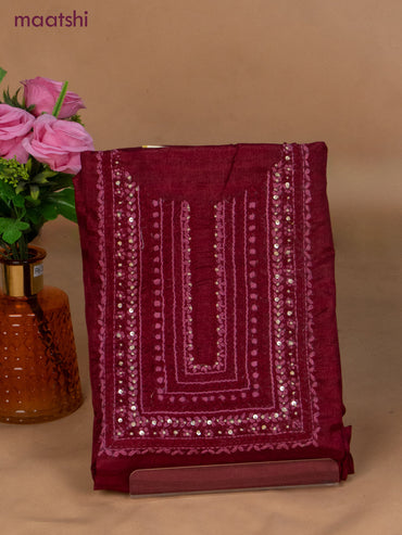 Semi tussar dress material maroon and beige with sequin & embroidery work neck pattern and bottom & dupatta