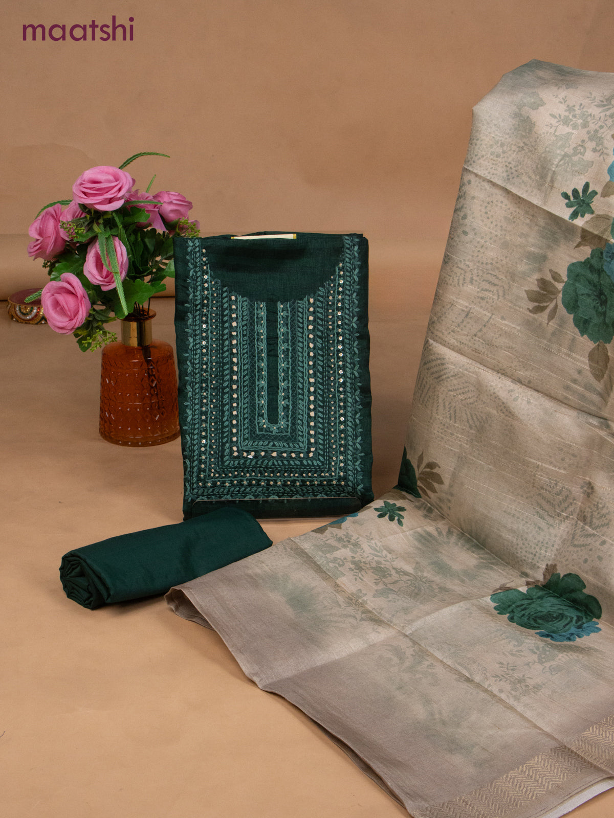 Semi tussar dress material green and beige with sequin & embroidery work neck pattern and bottom & dupatta