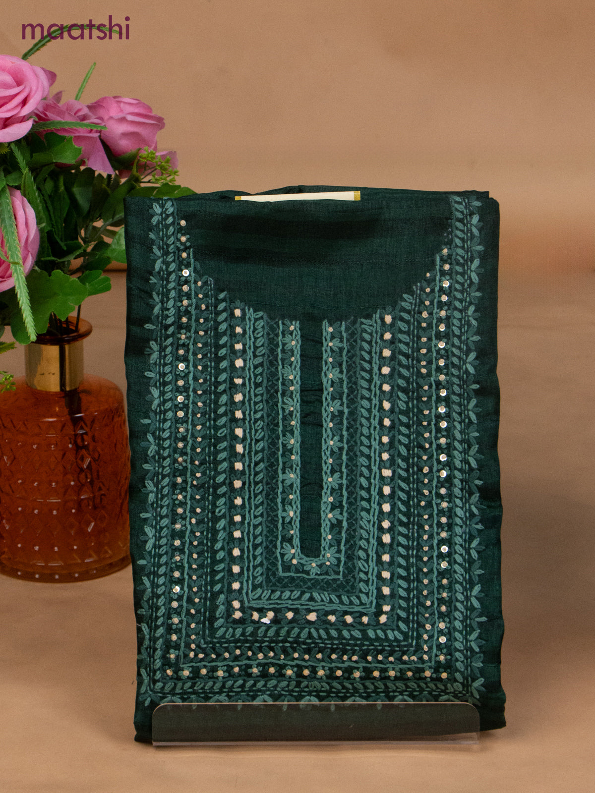 Semi tussar dress material green and beige with sequin & embroidery work neck pattern and bottom & dupatta