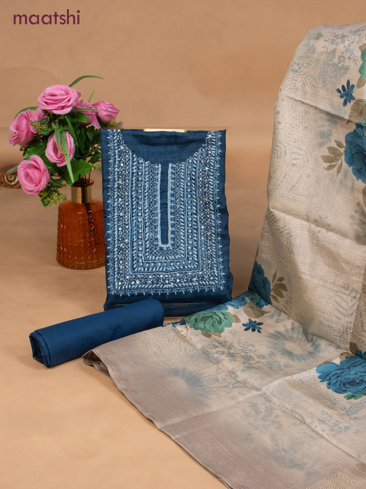 Semi tussar dress material peacock blue and beige with sequin & embroidery work neck pattern and bottom & dupatta