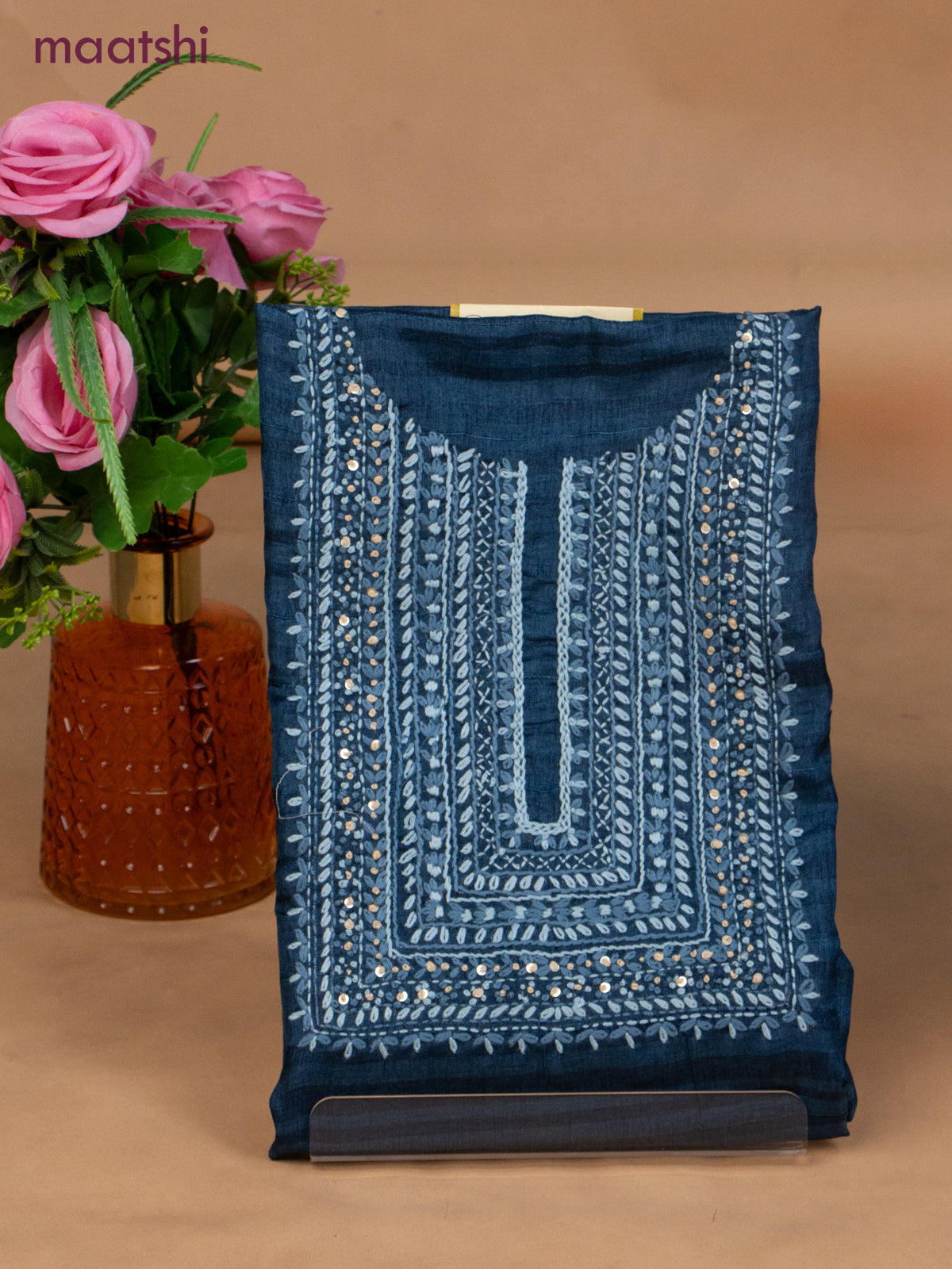 Semi tussar dress material peacock blue and beige with sequin & embroidery work neck pattern and bottom & dupatta
