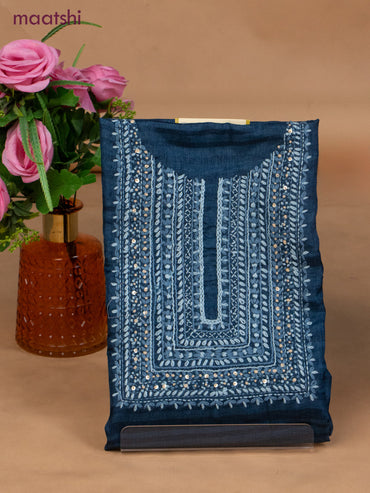 Semi tussar dress material peacock blue and beige with sequin & embroidery work neck pattern and bottom & dupatta