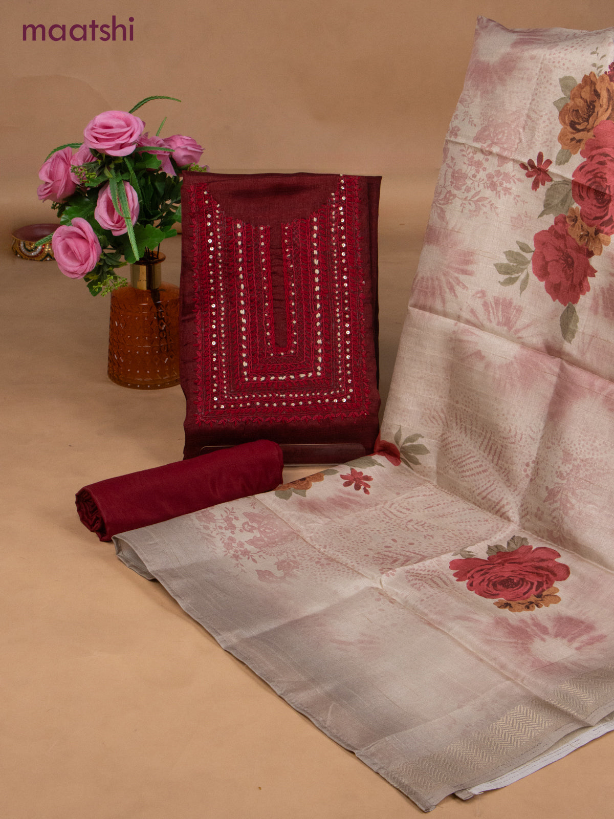Semi tussar dress material maroon and beige with sequin & embroidery work neck pattern and bottom & dupatta