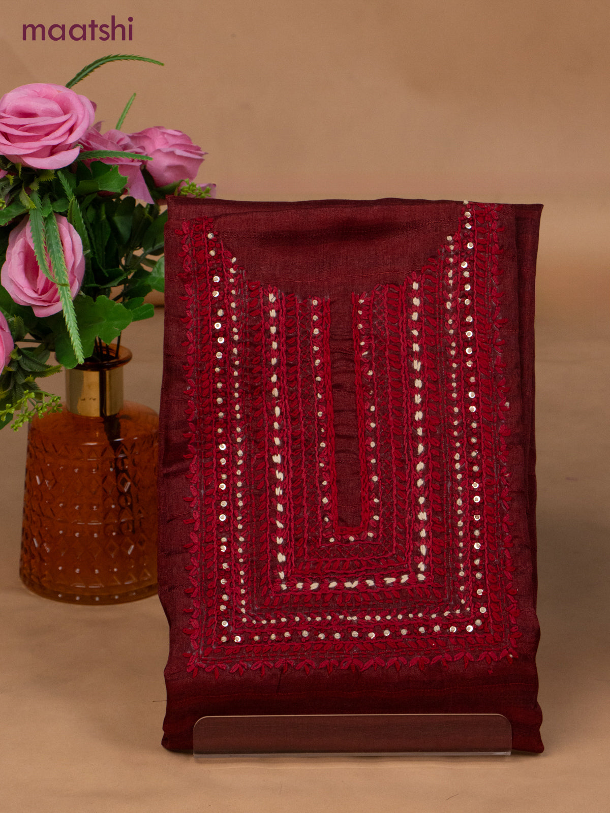 Semi tussar dress material maroon and beige with sequin & embroidery work neck pattern and bottom & dupatta