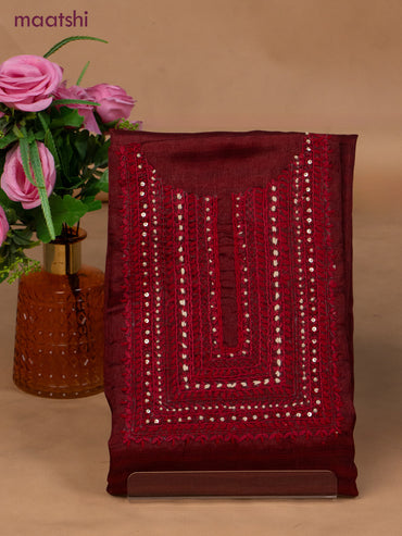 Semi tussar dress material maroon and beige with sequin & embroidery work neck pattern and bottom & dupatta