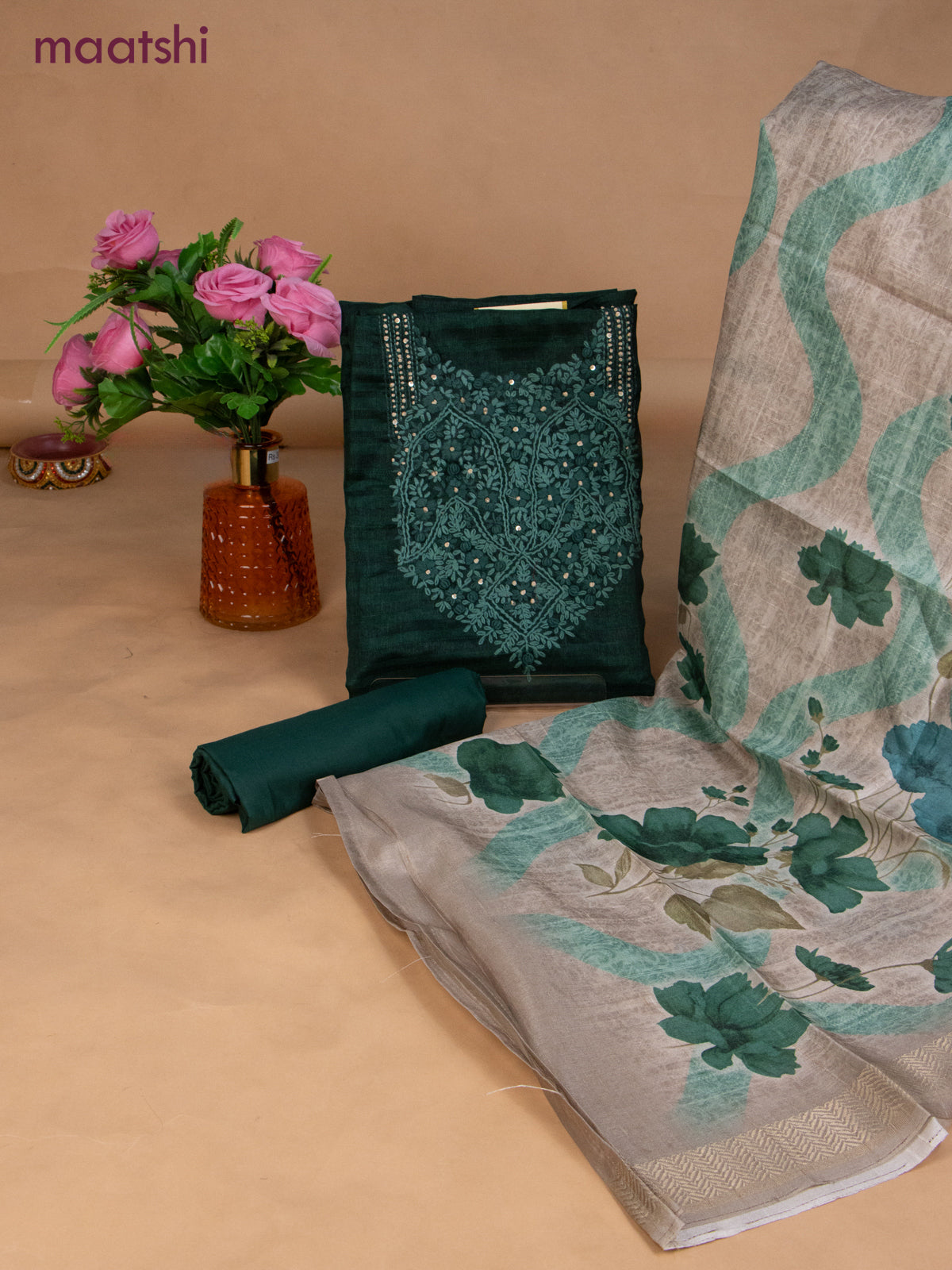 Semi tussar dress material green and beige with sequin & embroidery work neck pattern and bottom & dupatta