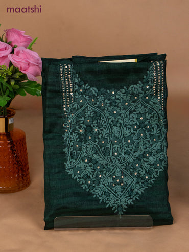 Semi tussar dress material green and beige with sequin & embroidery work neck pattern and bottom & dupatta