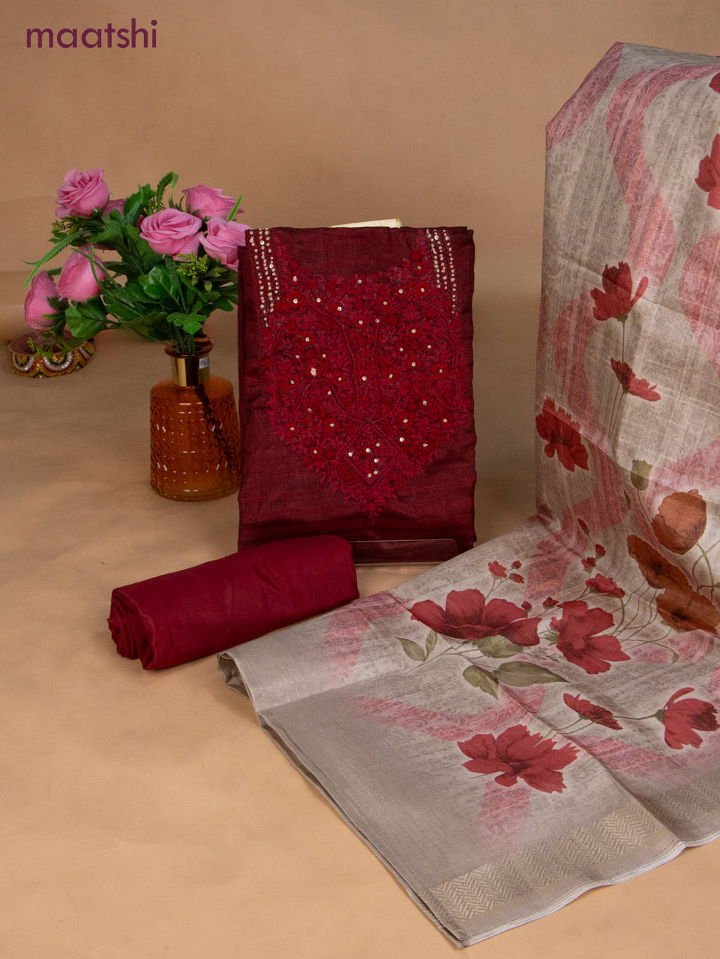 Semi tussar dress material maroon and beige with sequin & embroidery work neck pattern and bottom & dupatta