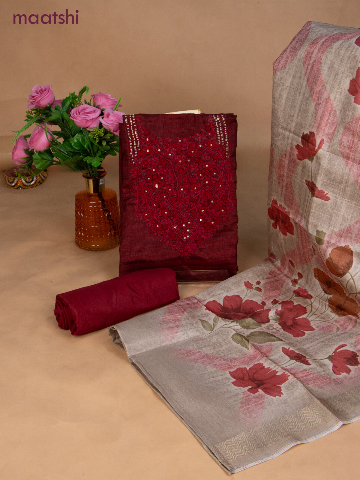 Semi tussar dress material maroon and beige with sequin & embroidery work neck pattern and bottom & dupatta