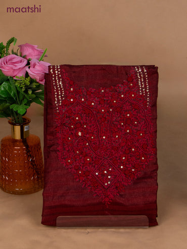 Semi tussar dress material maroon and beige with sequin & embroidery work neck pattern and bottom & dupatta