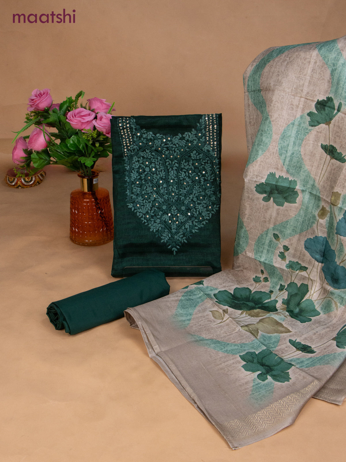 Semi tussar dress material green and beige with sequin & embroidery work neck pattern and bottom & dupatta