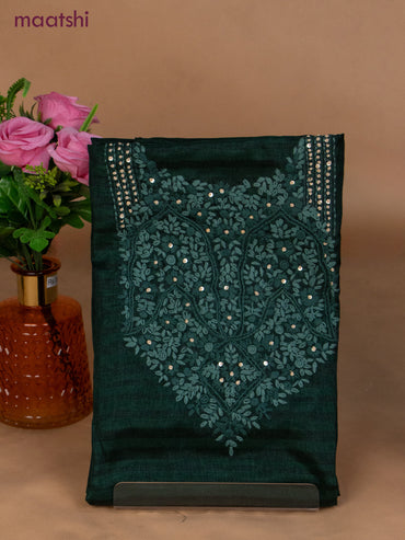 Semi tussar dress material green and beige with sequin & embroidery work neck pattern and bottom & dupatta