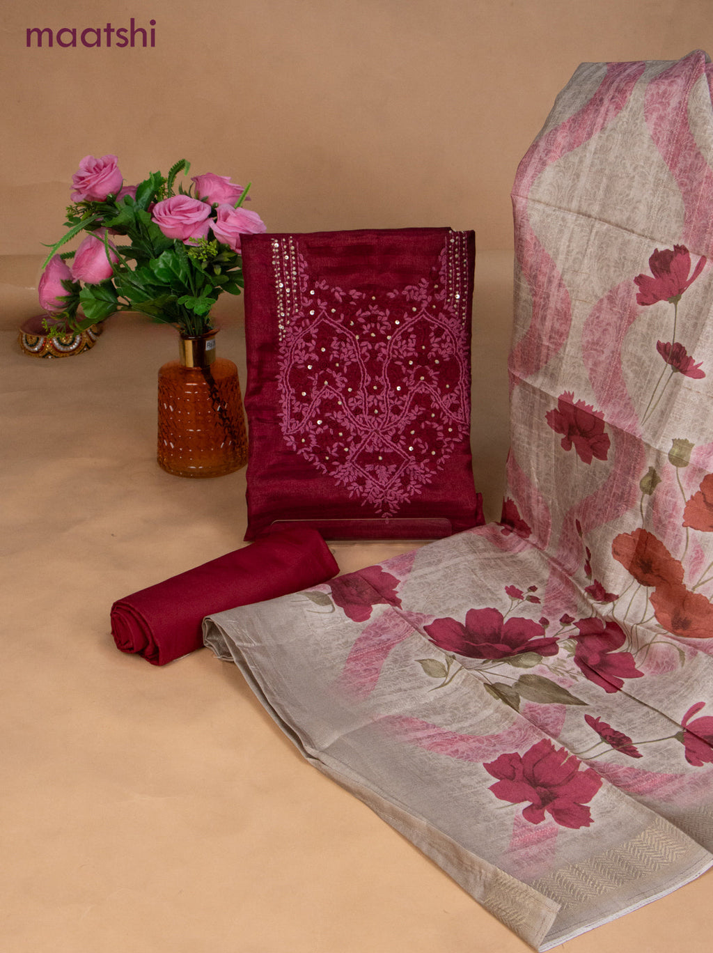 Semi tussar dress material maroon and beige with sequin & embroidery work neck pattern and bottom & dupatta