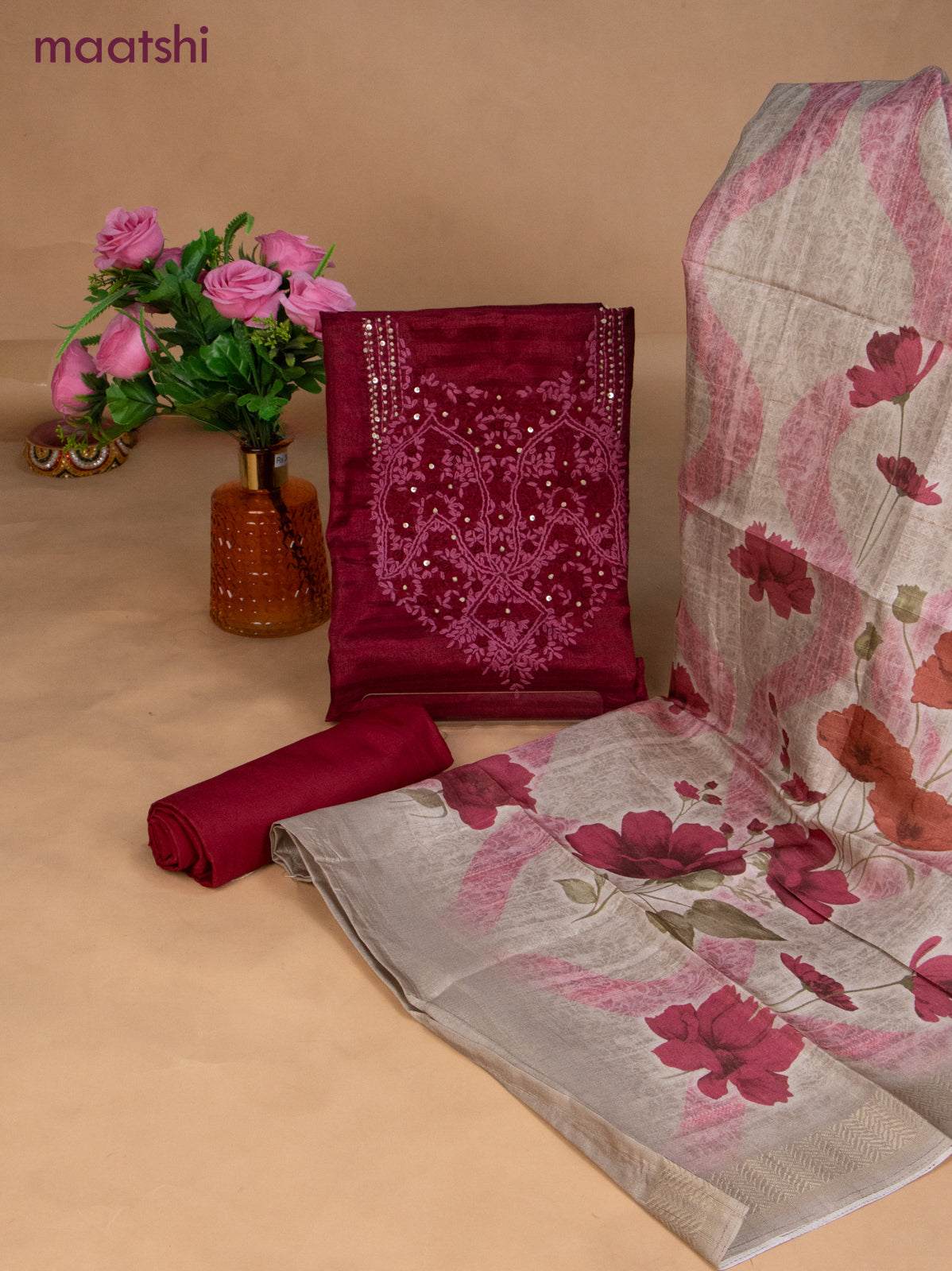 Semi tussar dress material maroon and beige with sequin & embroidery work neck pattern and bottom & dupatta