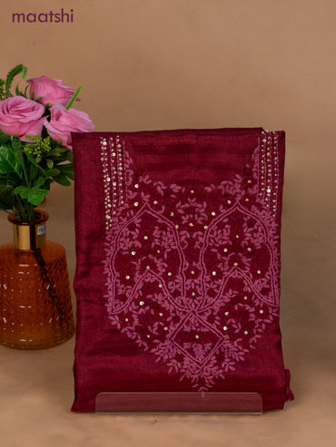 Semi tussar dress material maroon and beige with sequin & embroidery work neck pattern and bottom & dupatta