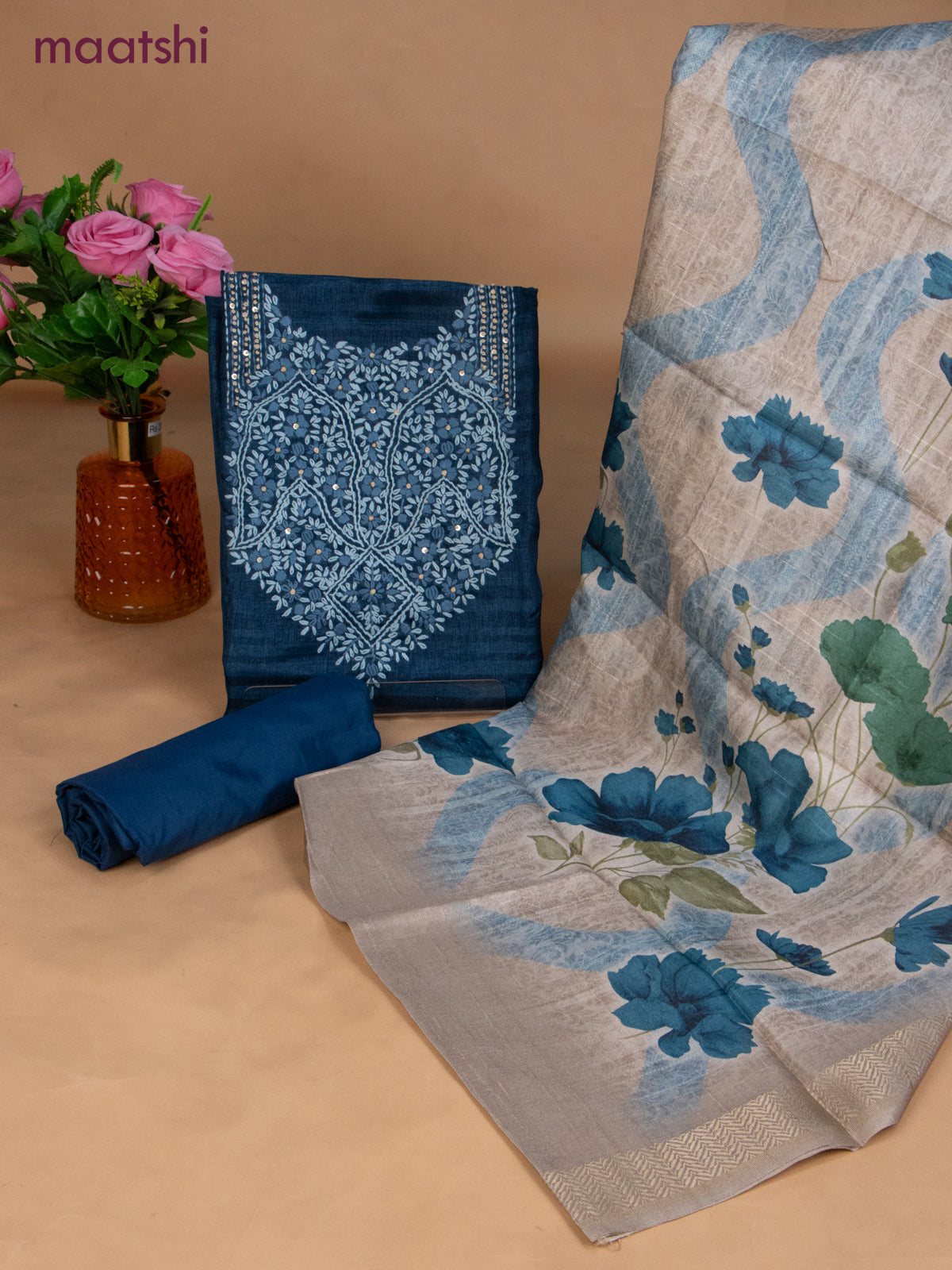Semi tussar dress material peacock blue and beige with sequin & embroidery work neck pattern and bottom & dupatta