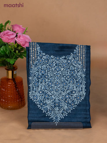 Semi tussar dress material peacock blue and beige with sequin & embroidery work neck pattern and bottom & dupatta