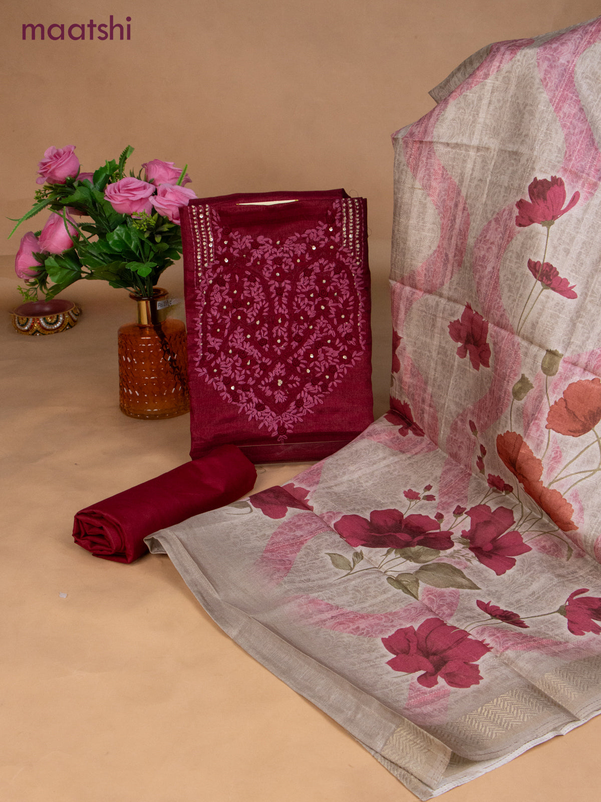Semi tussar dress material maroon and beige with sequin & embroidery work neck pattern and bottom & dupatta