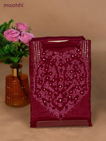 Semi tussar dress material maroon and beige with sequin & embroidery work neck pattern and bottom & dupatta
