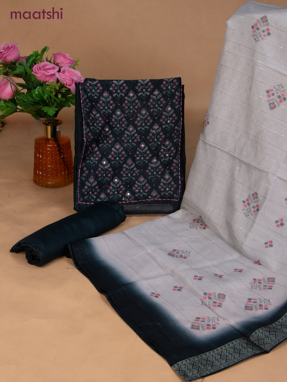 Semi tussar dress material dark peacock blue and grey shade with prints & sequin beaded work neck pattern and bottom & dupatta