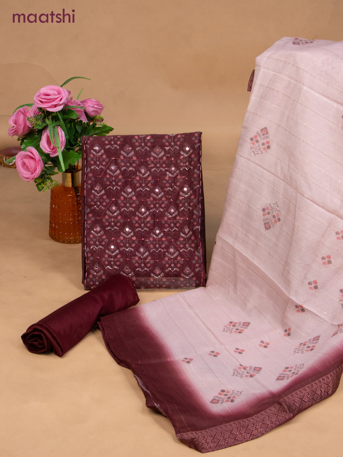 Semi tussar dress material maroon and peach shade with prints & sequin beaded work neck pattern and bottom & dupatta