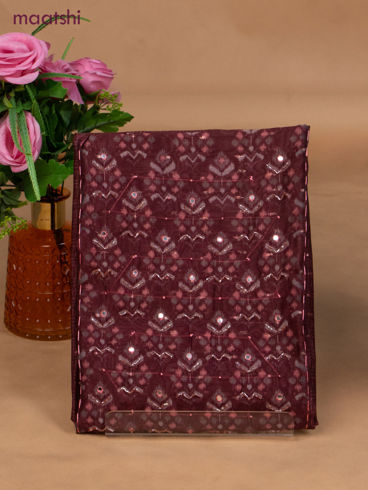 Semi tussar dress material maroon and peach shade with prints & sequin beaded work neck pattern and bottom & dupatta