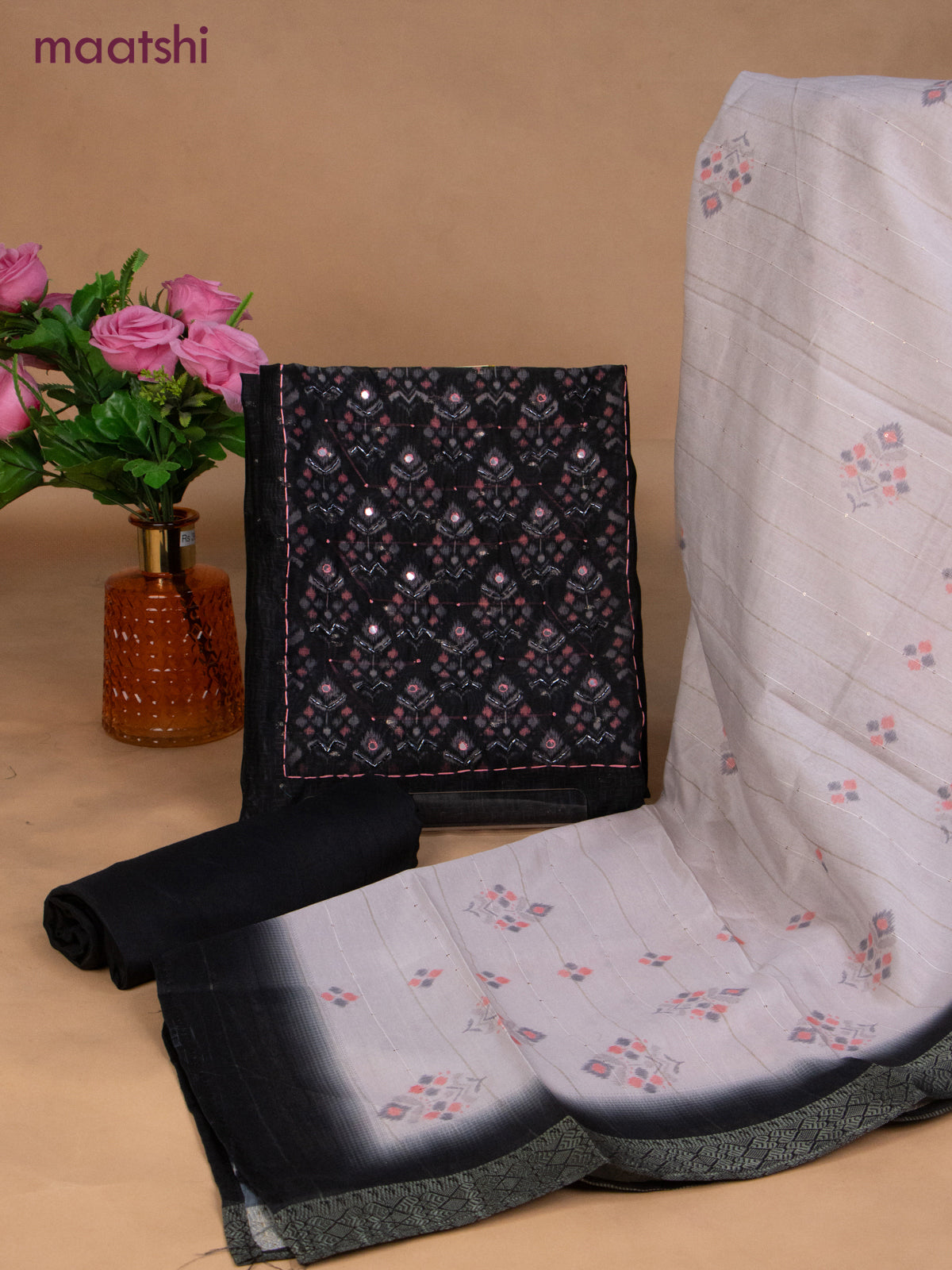 Semi tussar dress material elephant grey and off white with prints & sequin beaded work neck pattern and bottom & dupatta