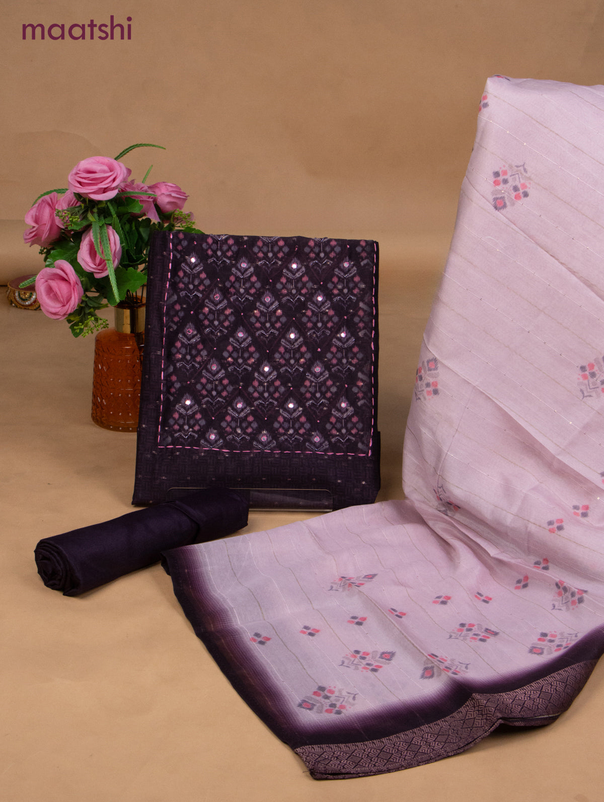 Semi tussar dress material wine shade and baby pink with prints & sequin beaded work neck pattern and bottom & dupatta