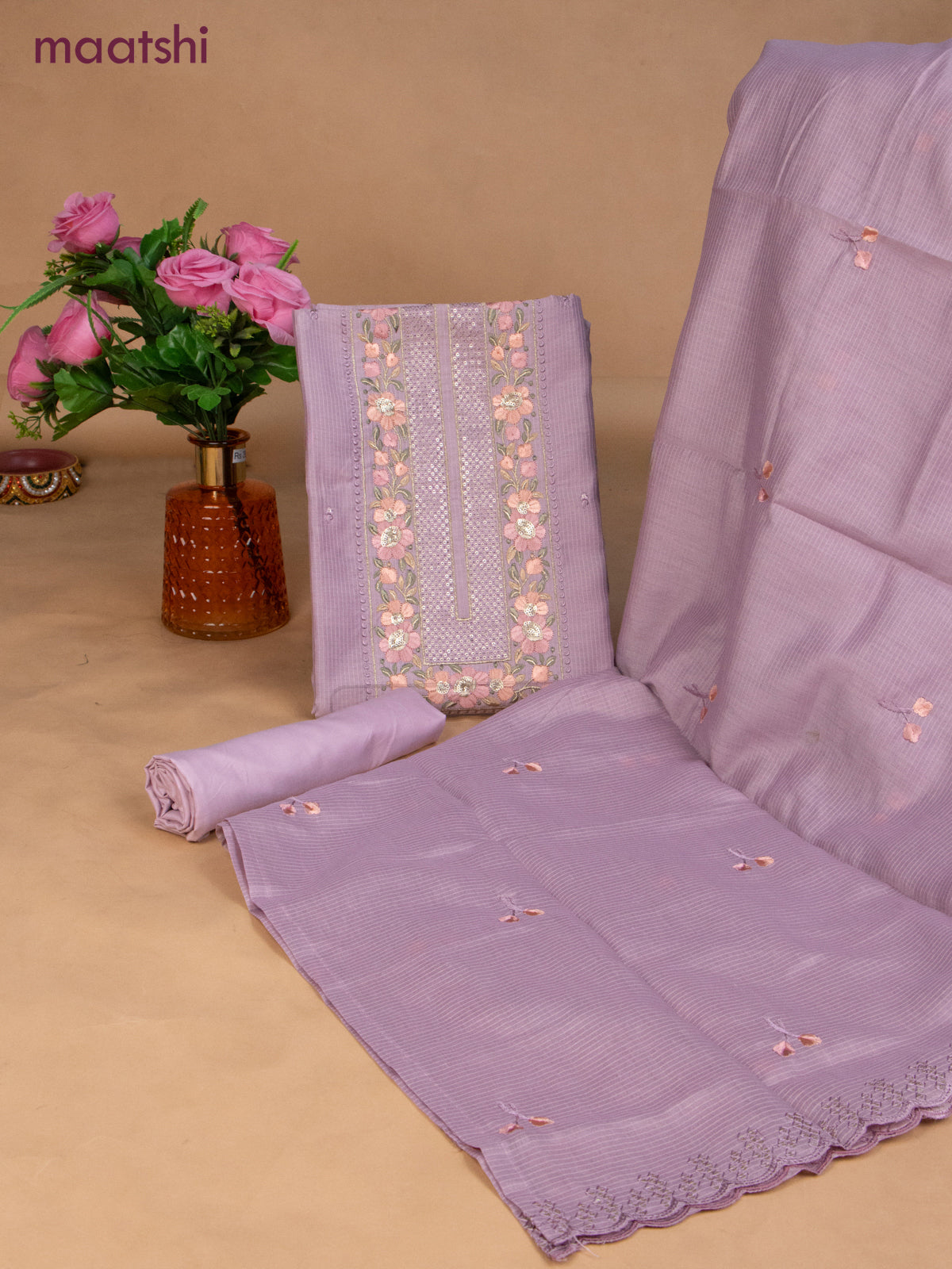 Semi tussar dress material pastel lavender with sequin & embroidery work neck pattern and bottom & embroidery dupatta
