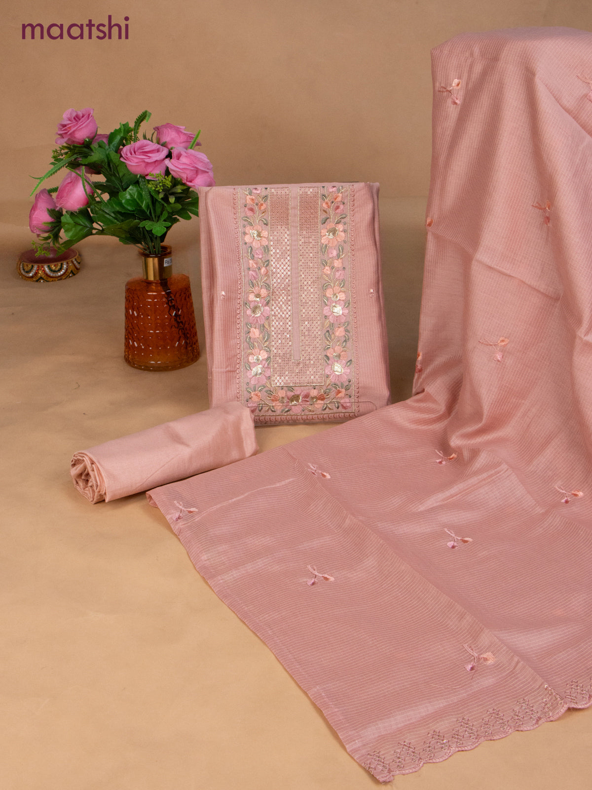Semi tussar dress material peach shade with sequin & embroidery work neck pattern and bottom & embroidery dupatta