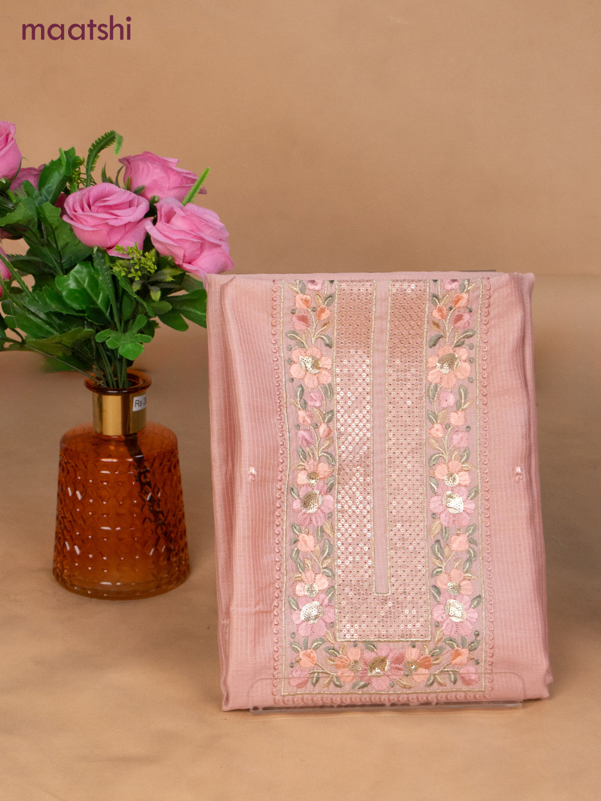 Semi tussar dress material peach shade with sequin & embroidery work neck pattern and bottom & embroidery dupatta