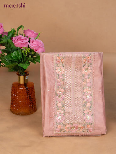 Semi tussar dress material peach shade with sequin & embroidery work neck pattern and bottom & embroidery dupatta