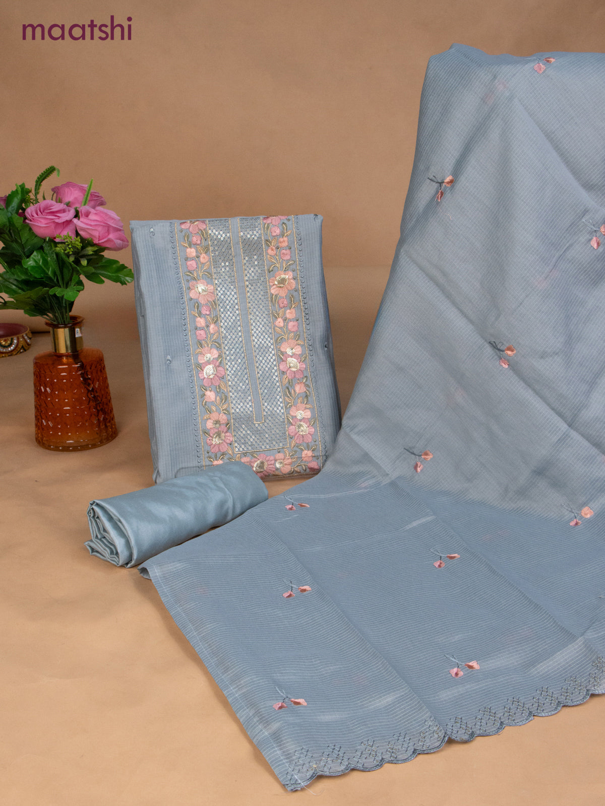 Semi tussar dress material pastel blue with sequin & embroidery work neck pattern and bottom & embroidery dupatta