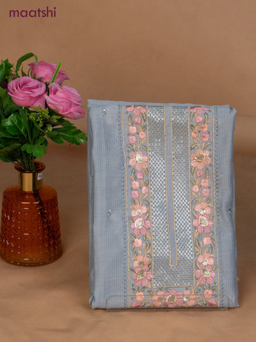 Semi tussar dress material pastel blue with sequin & embroidery work neck pattern and bottom & embroidery dupatta