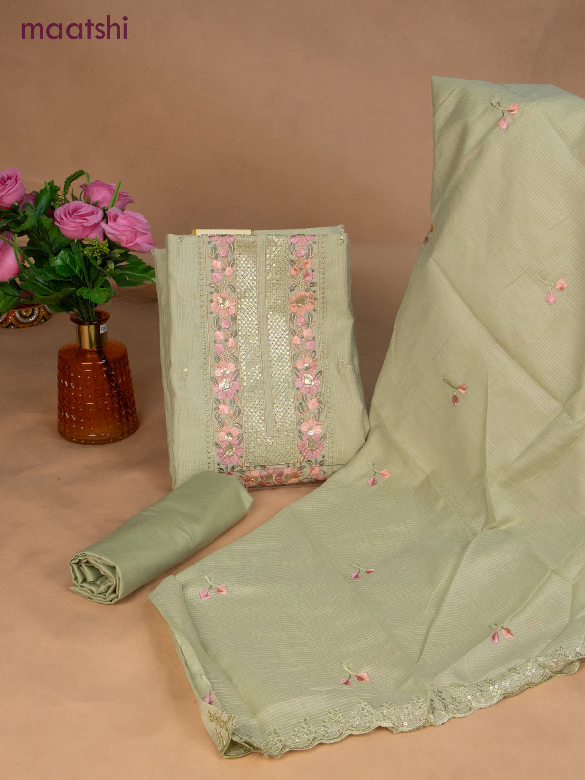 Semi tussar dress material pastel green with sequin & embroidery work neck pattern and bottom & embroidery dupatta