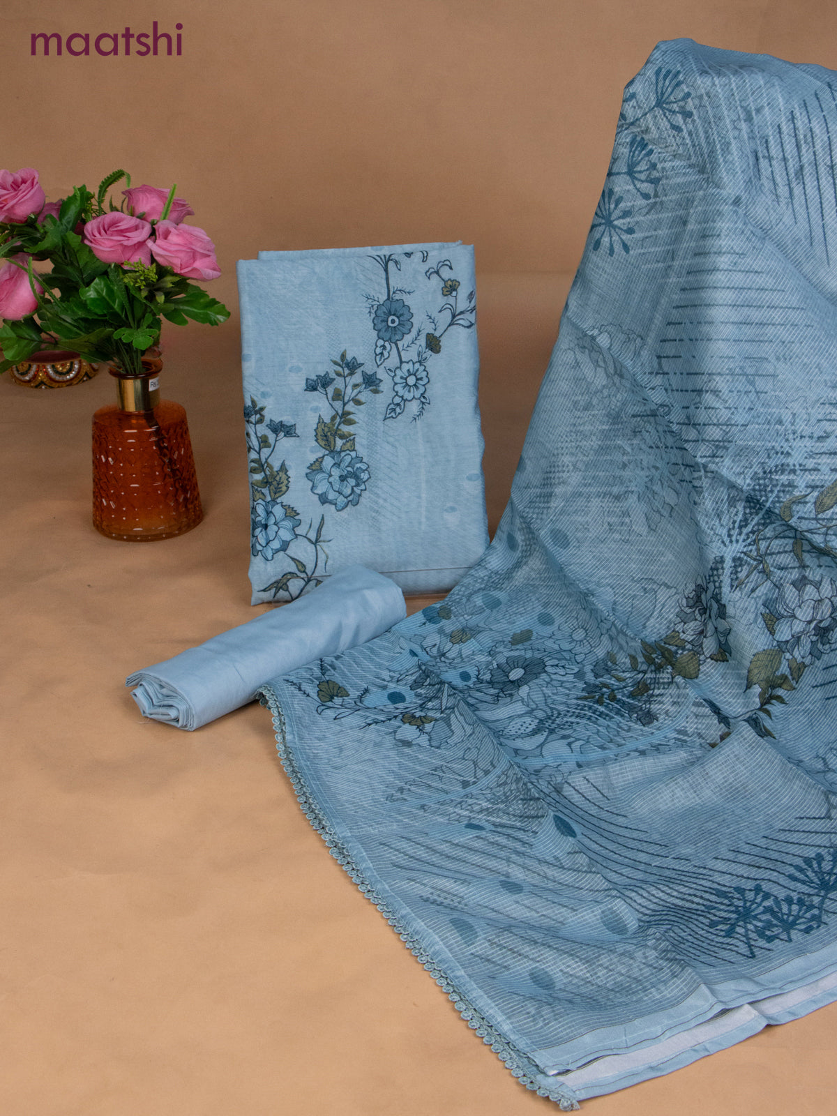 Chanderi dress material pastel blue with floral prints & embroidery work and bottom & dupatta