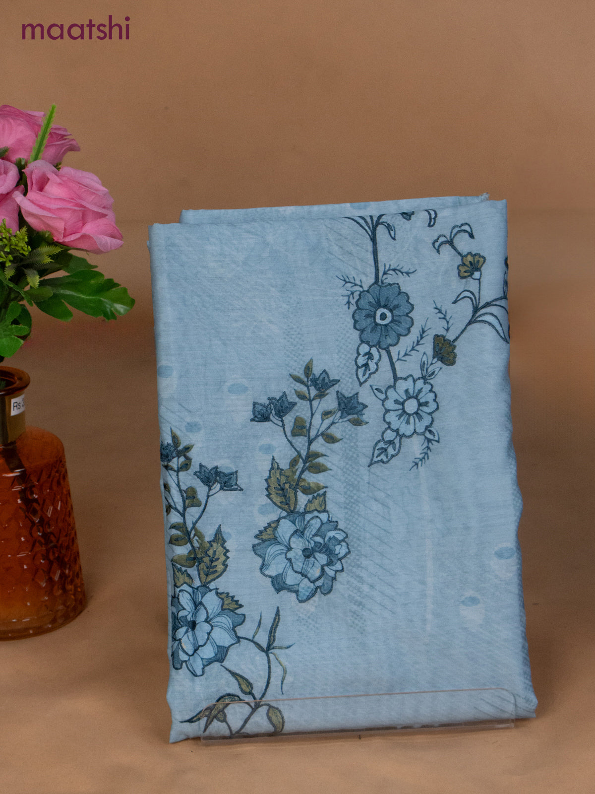 Chanderi dress material pastel blue with floral prints & embroidery work and bottom & dupatta