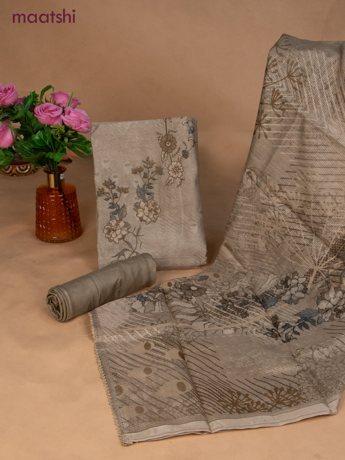 Chanderi dress material dark beige with floral prints & embroidery work and bottom & dupatta